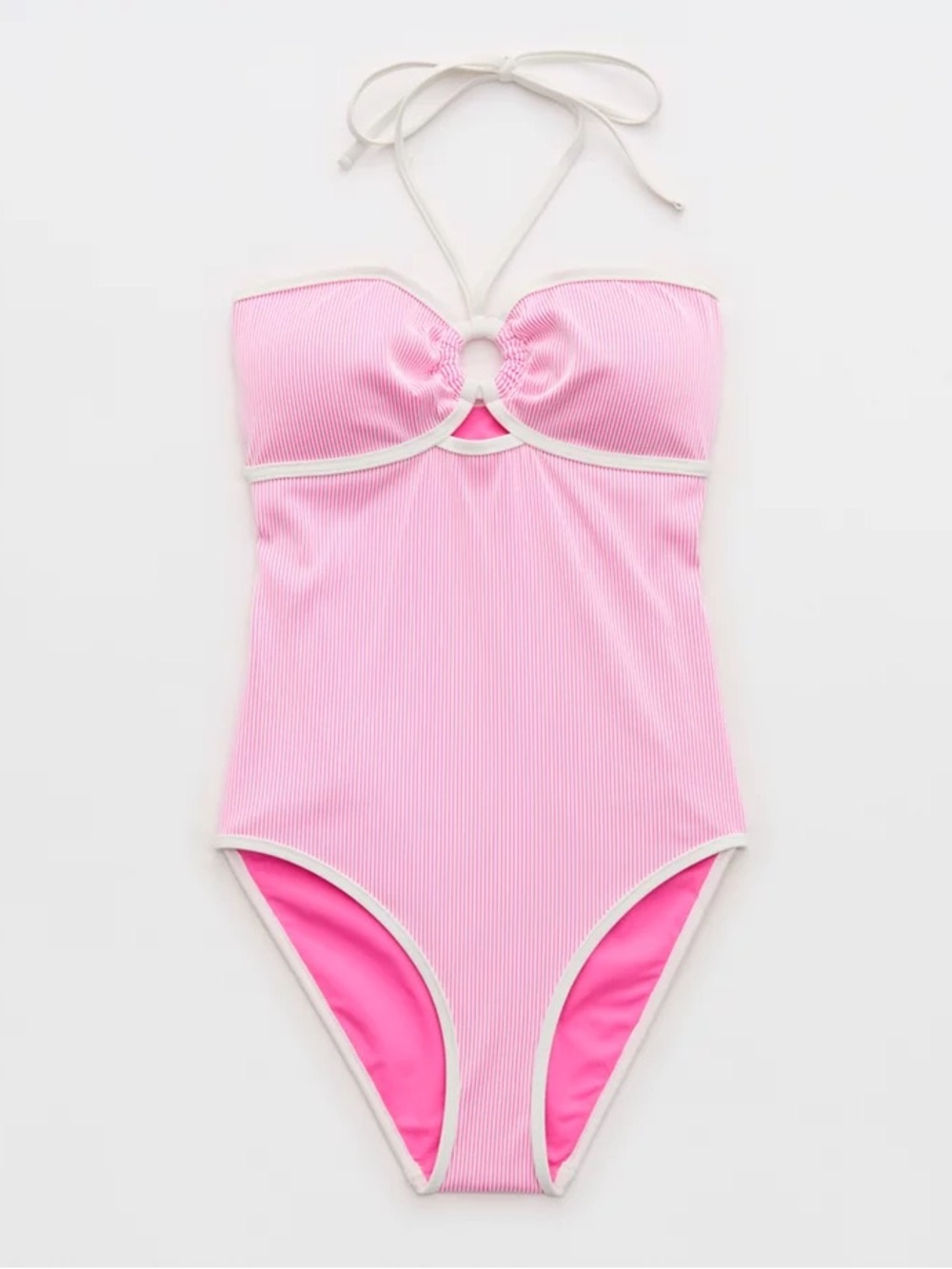 Aerie Ribbed Bandeau Halter One-Piece Swimsuit Pink Stripe NWT Medium